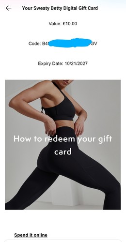 Sweaty betty digital gift - £10,